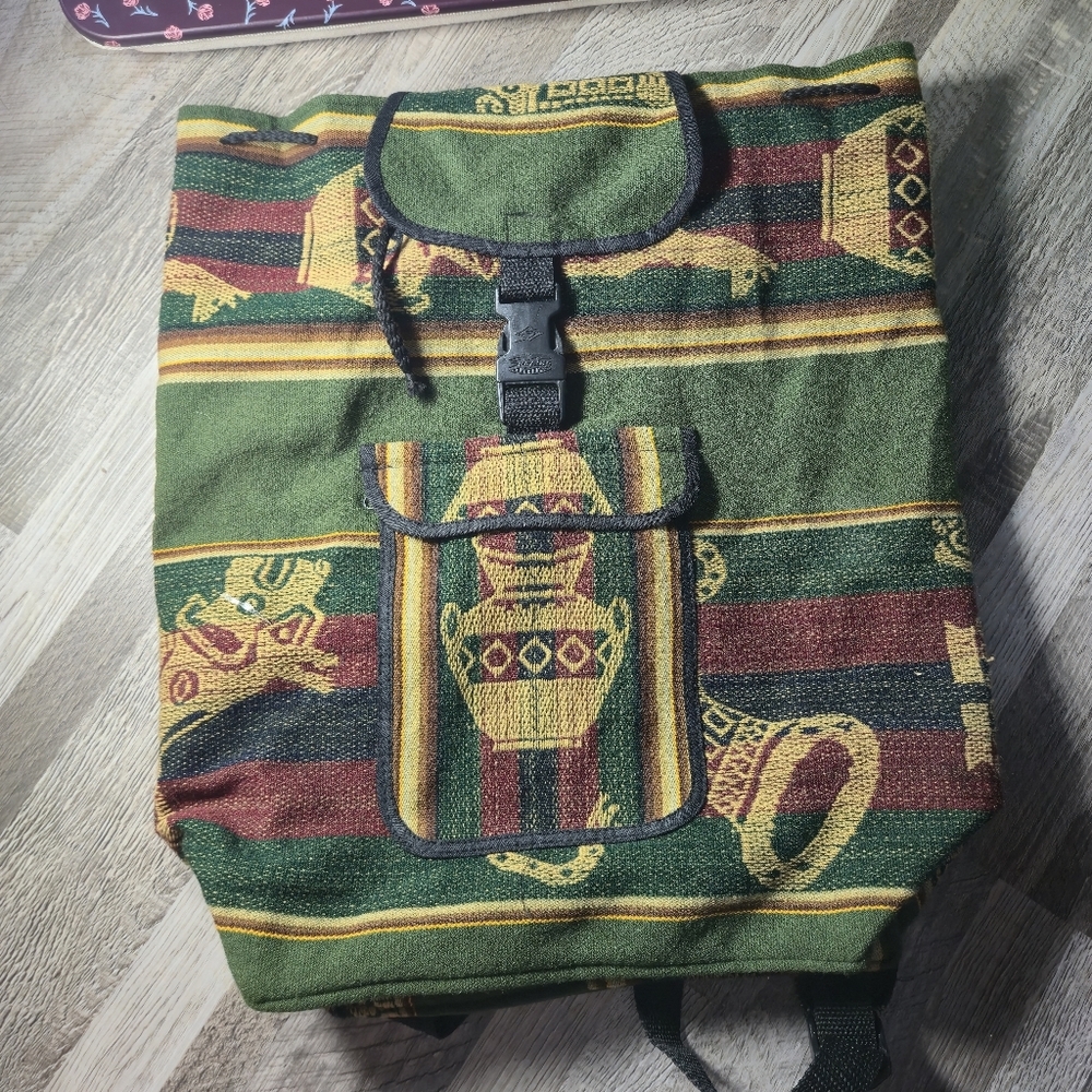 Unbranded OS Vintage Baja Woven Tapestry Backpack Boho Aztec Green Maroon